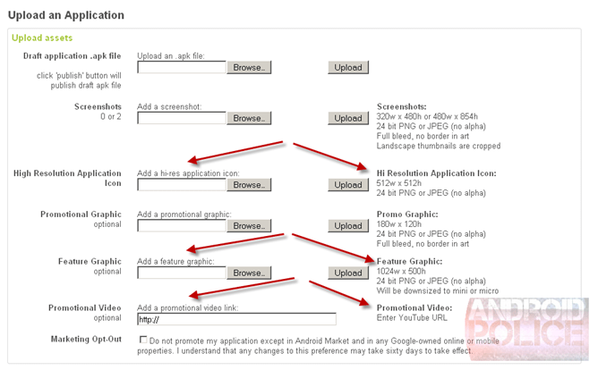 android market upload features