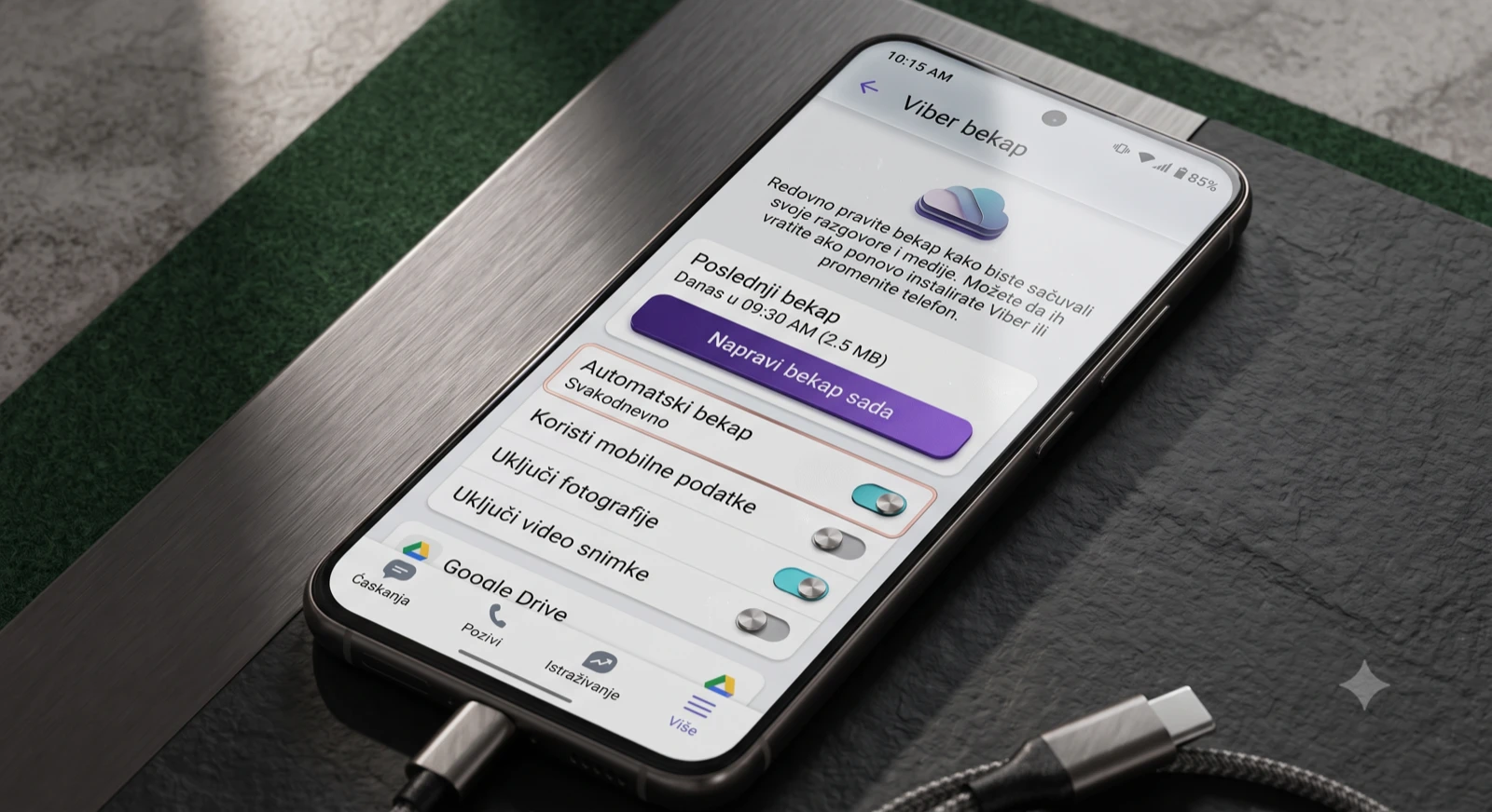 Skrinšot Viber ekrana "Podešavanja → Nalog → Viber bekap" sa opcijom za automatski bekap.