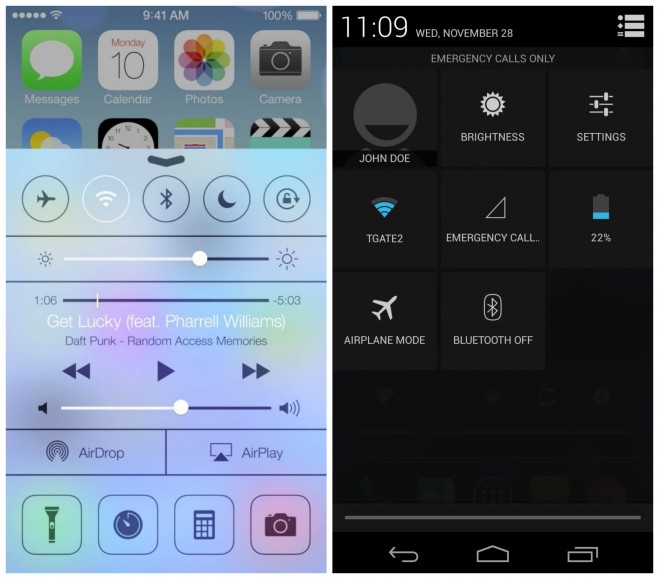 Android 4.2 vs iOS 7 quick settings